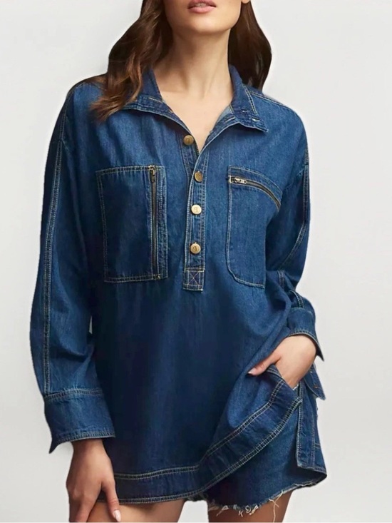 Pilcro Tops - Pilcro Sz L Petite Women’s Tunic Shirt Top Blue Denim Cotton Button Half Placket